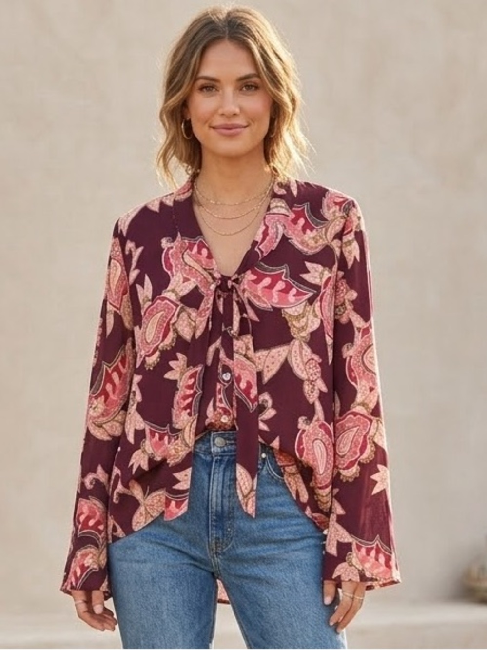 Show Me Your Mumu Brynn Paisley Tie Neck Blouse Burgundy NWT XS